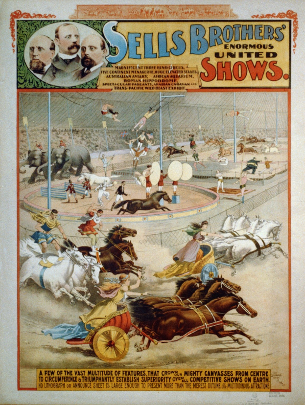 Zirkusposter, das Sell's Brothers' United Shows ankündigt und eine Gruppe von Menschen zeigt, die auf Pferden reiten.