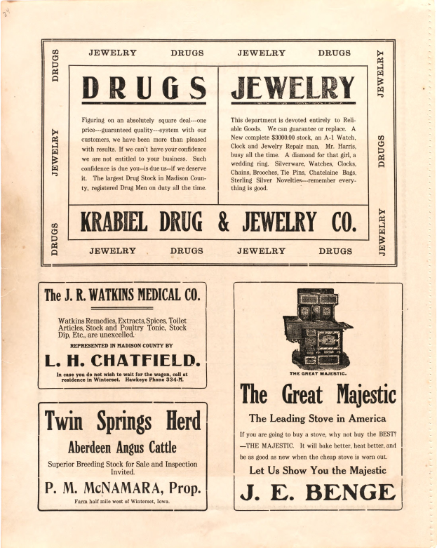 Eine alte Werbung für eine Drogerie und Juweliergeschäft, das ein Katalog mit Text und Bildern verschiedener Gegenstände zeigt.