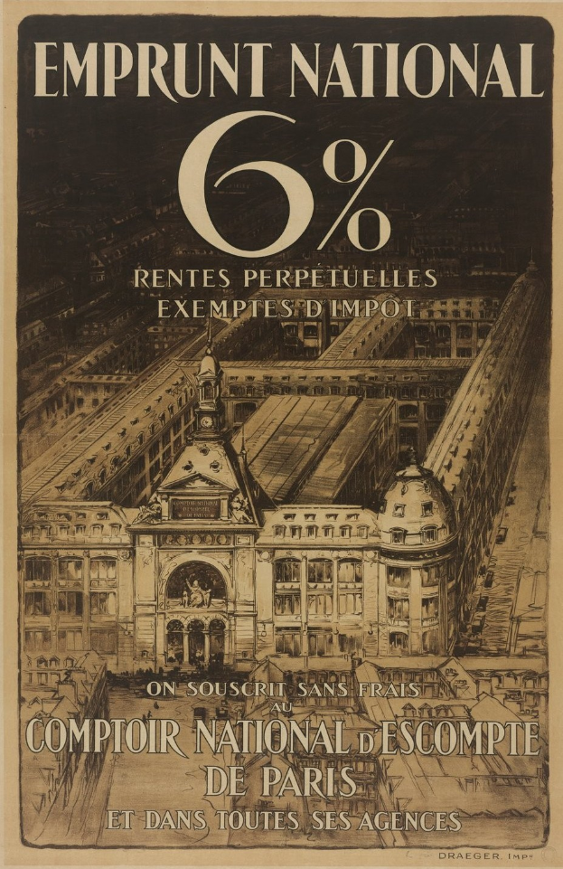 Plakat mit einem großen, zweistöckigen Gebäude mit rotem Dach und weißen Wänden, begleitet von zentriertem schwarzem Text, der "emprunt national 6% - rentes perpetuelles exemptes impot" auf einem hellblauen Hintergrund liest.