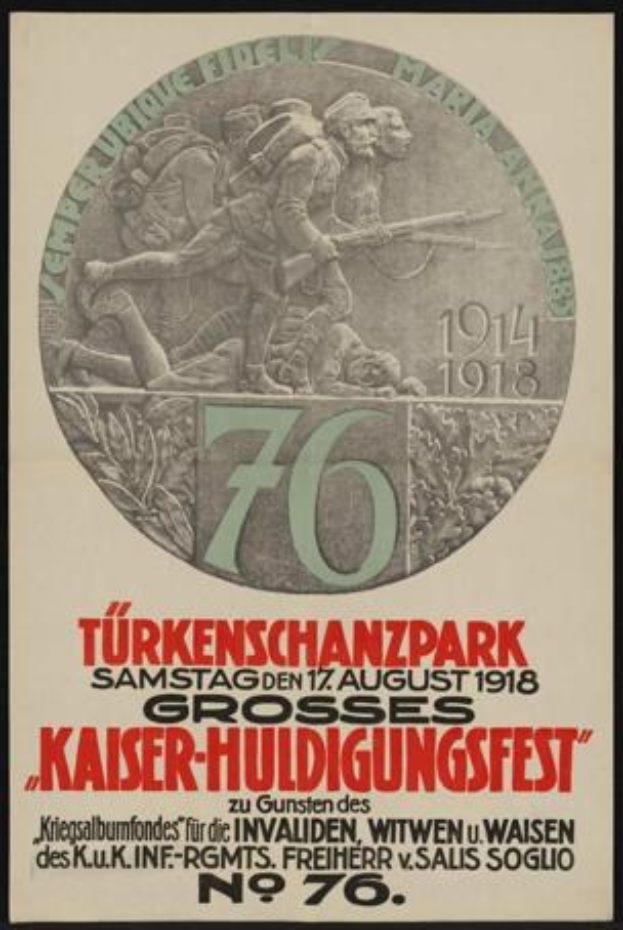 Plakat zum 70. Jubiläum des Kaiser-Huldigungsfestes in Berlin, Deutschland, mit einer Gruppe von Menschen umgeben von Text und Zahlen in einem gerahmten Design.