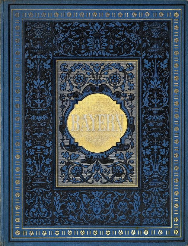 Ein blau-goldenes Buch mit dem Wort 'Bayern' auf dem Cover, verziert mit detaillierten Designs.