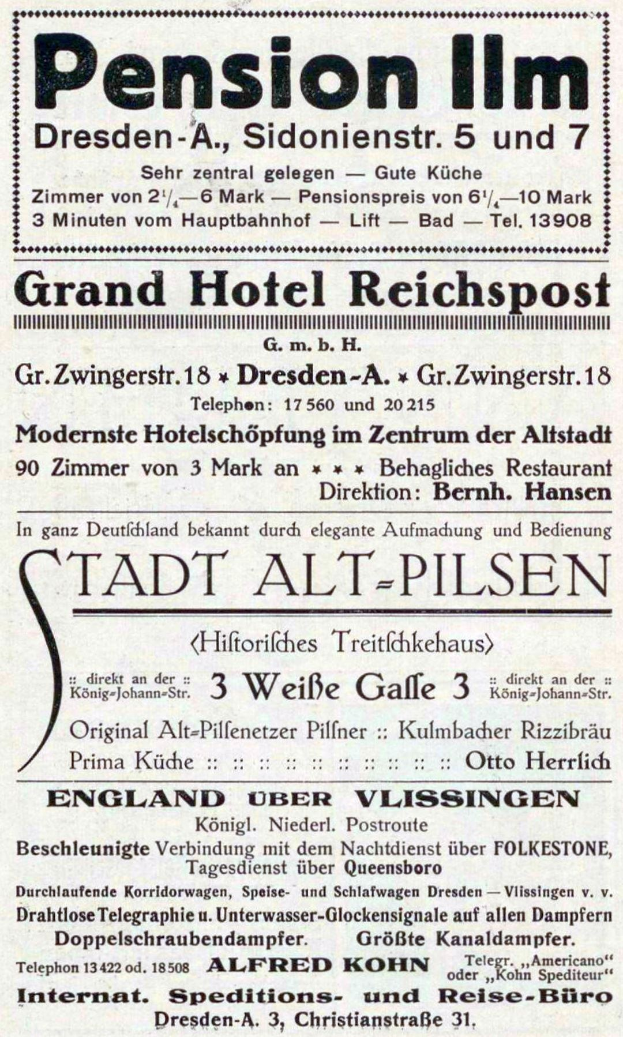 Schwarze und weiße Zeitungsanzeige für eine Pensionspension in Dresden, Deutschland.