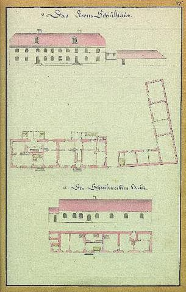 Ein detailliertes Bild eines mehrfenstrigen Gebaudes mit einer Leiter, identifiziert als Schloss Schilbau, ein Gefaengnis in Deutschland, begleitet von beschreibendem Text auf dem Papier.
