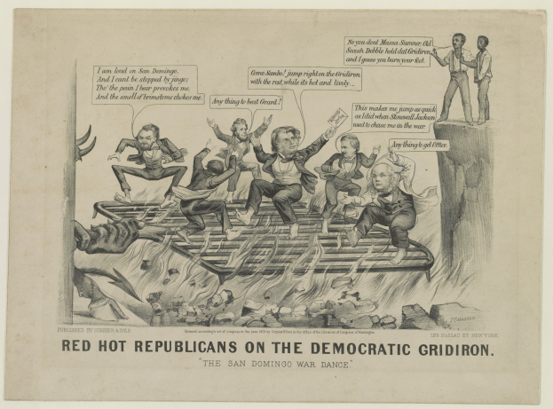 Politisches Cartoon, das rote Figuren in Not auf einem Gitterfeld mit fetter schwarzer Schrift zeigt.