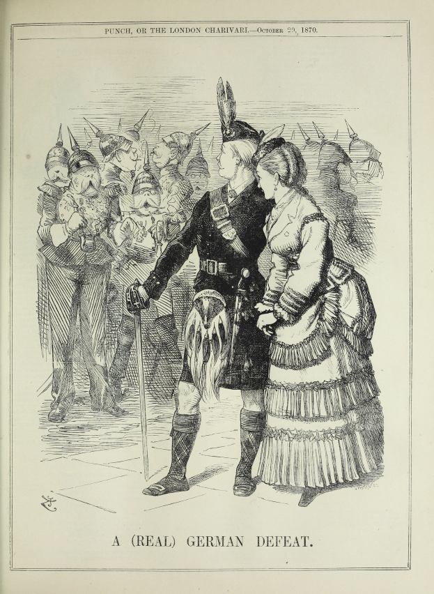 Ein Mann und eine Frau stehen auf einem Blatt Papier mit Wörtern und Zahlen, die möglicherweise eine deutsche Niederlage anzeigen, während der Mann einen Stock hält und eine Menge im Hintergrund zu sehen ist.