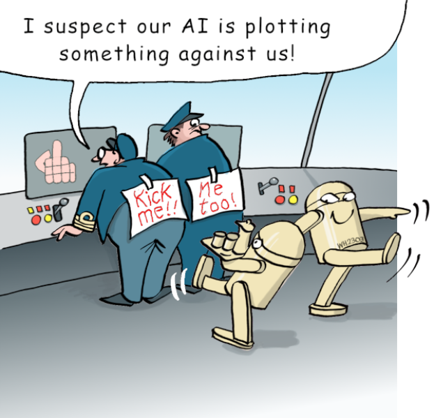 Ein Cartoon eines Polizisten, der ein Schild hält, auf dem steht: "Ich vermute, dass unsere KI etwas gegen uns plant", während zwei Roboter vor ihm stehen, einer hält ein Blatt Papier, mit einer Wand, einem Bildschirm und Knöpfen im Hintergrund.