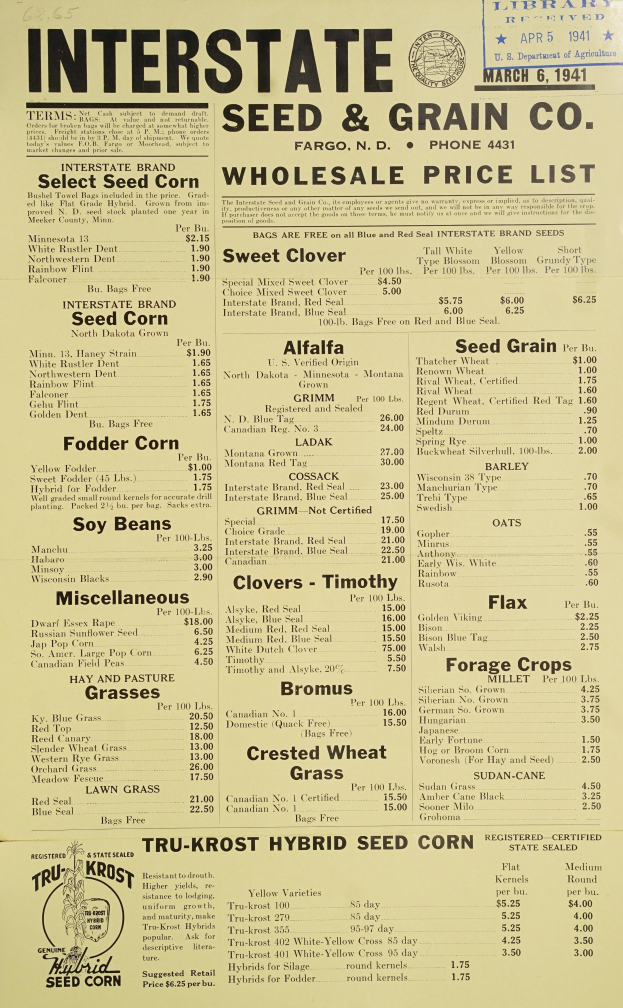Ein Papier mit dem Titel 'Interstate Seed & Grain Co. Großhandelspreislisten' mit einem Logo oben, das eine Einkaufsliste verschiedener Artikel zum Kauf anzeigt.