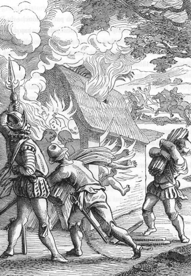 Schwarze und weiße Gravur von Männern im Mittelalter mit einem Schwertträger und einem brennenden Haus im Hintergrund.