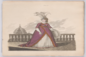 Frau in einem purpurfarbenen und weißen Kleid mit Federn auf dem Kopf, die vor einem Geländer mit einem Gebäude und Wolken im Hintergrund steht, mit Text unten, der 'Fashion of New York, New York Street, 1790' lautet.