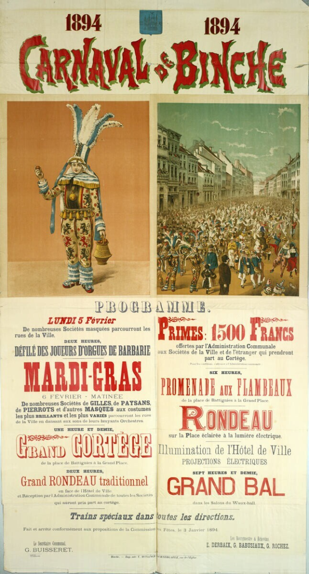 Ein Vintage-Plakat, das ein Karneval in Banche, Frankreich, ankündigt, mit Illustrationen von Menschen, Gebäuden und Text.