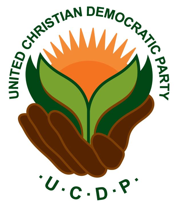 Logo der Vereinigte Christlich-Demokratische Partei (UCDP): eine Hand, die eine leuchtend gelbe Blume mit einem grünen Stiel und Blättern hält, zentriert innerhalb eines blauen und gelben Kreises auf einem weißen Hintergrund, mit dem Text "UCDP" in fetter schwarzer Schrift darunter.