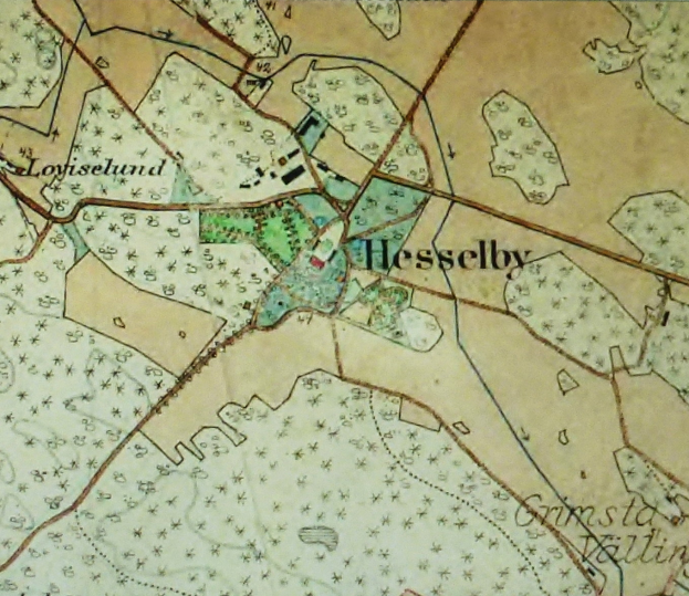 Ein altes Stadtplan von Hesselby mit detaillierten Stra├čen, Geb├Ąuden und Landmarken, beschriftet mit Text und Nummern, um Standorte anzuzeigen.