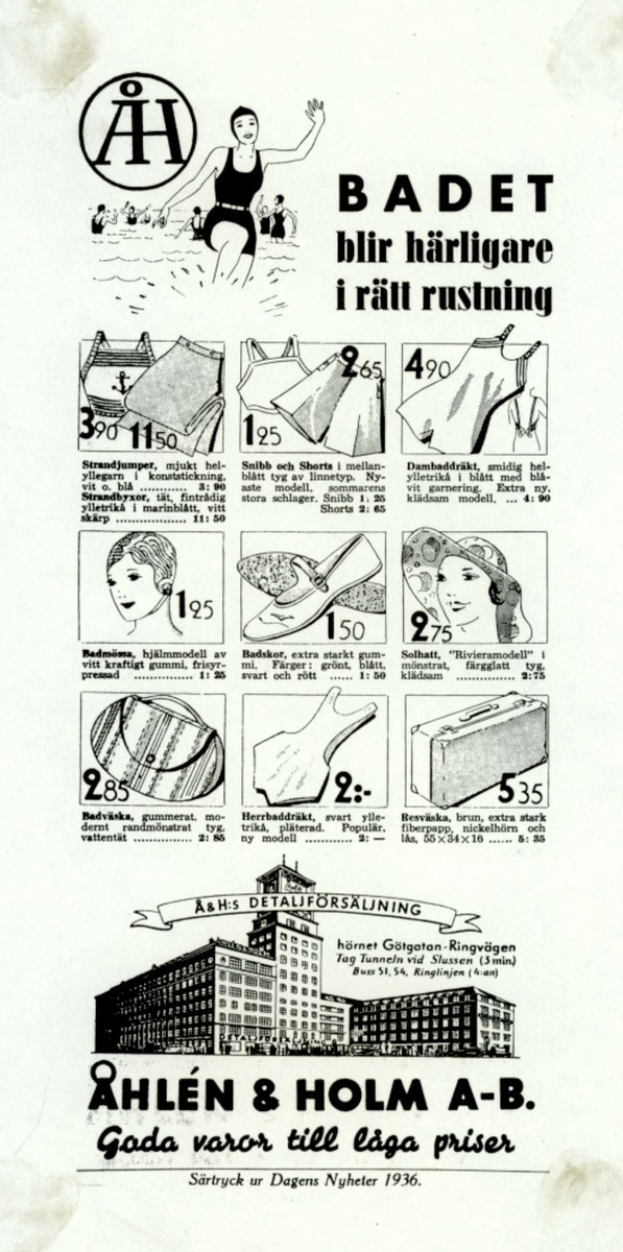 Frau in einem weißen und blauen gestreiften Bikini mit Pferdeschwanz, die direkt in die Kamera schaut, in einer Werbung umgeben von Bildern von Menschen, Gebäuden und fetter Schrift.