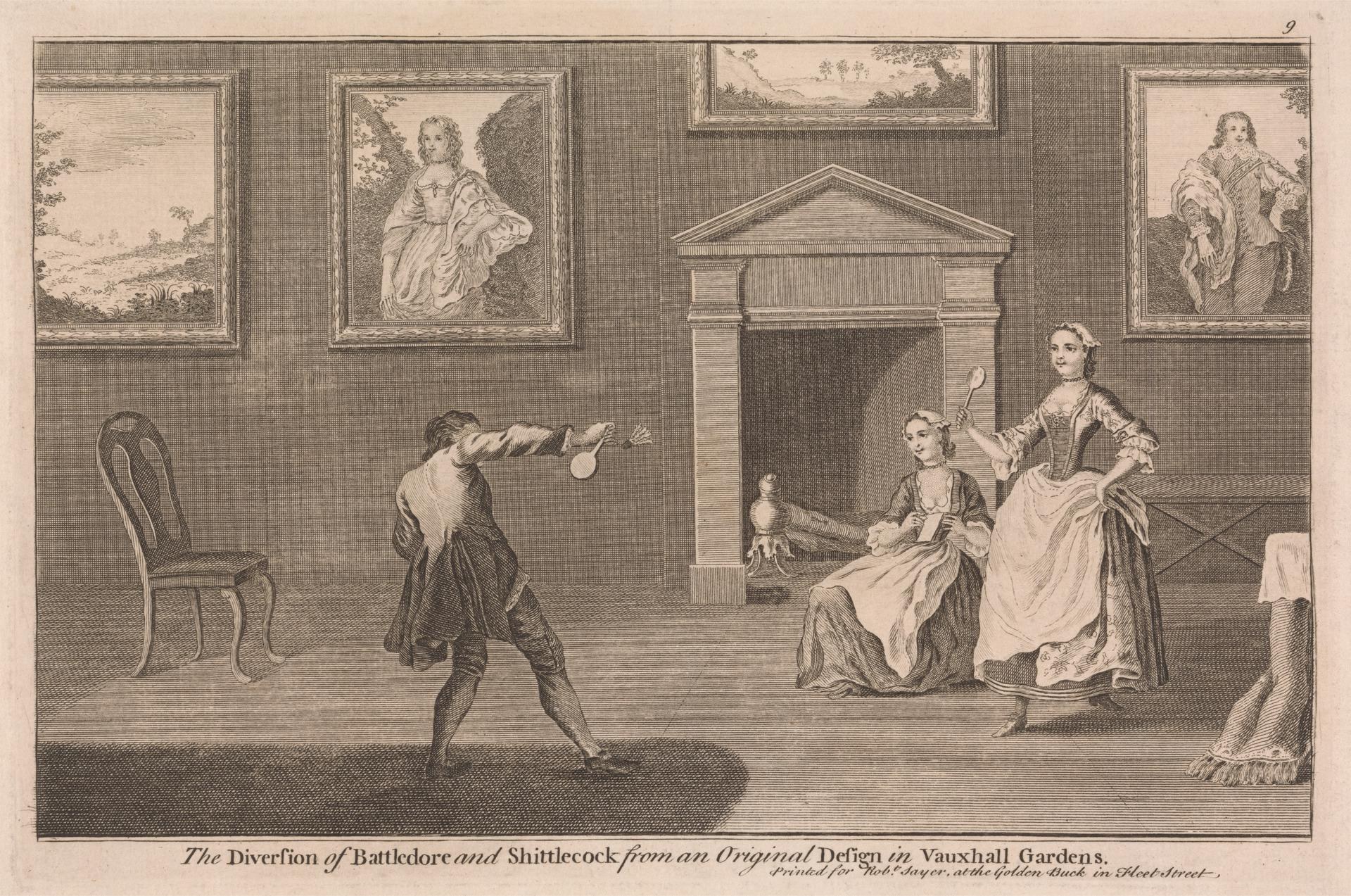 Zwei Personen spielen Tischtennis in einem Raum mit Kamin, Stühlen und gerahmten Fotos an der Wand, mit Text unten, der "Die Abweichung von Battledore und Shuttlecock von einem Originaldesign in Vauxhall Gardens" lautet.