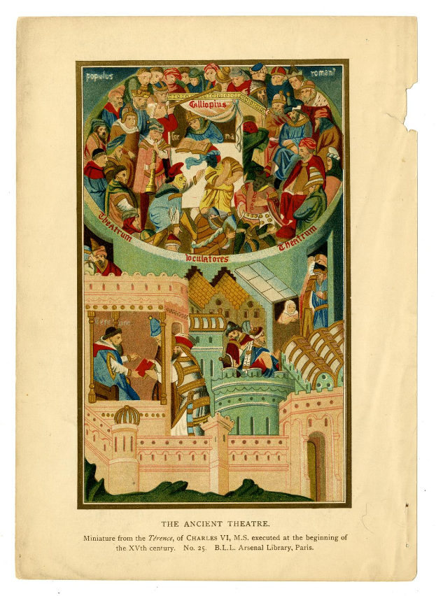 Ein altes Buch mit einer Abbildung einer Gruppe von Menschen in einem Theater mit einem Gebäude im Hintergrund und der Inschrift 'Das Alte Theater' unten.