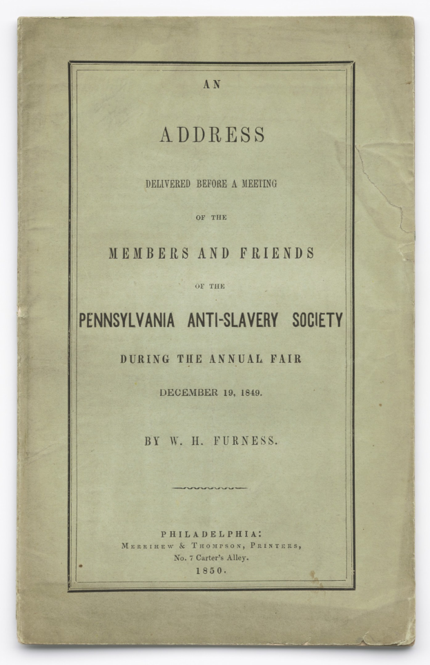 Offenes Buch mit dem Titel 'Eine Ansprache vor einer Versammlung der Mitglieder und Freunde der Pennsylvania Anti-Slavery Society während der jährlichen Messe'