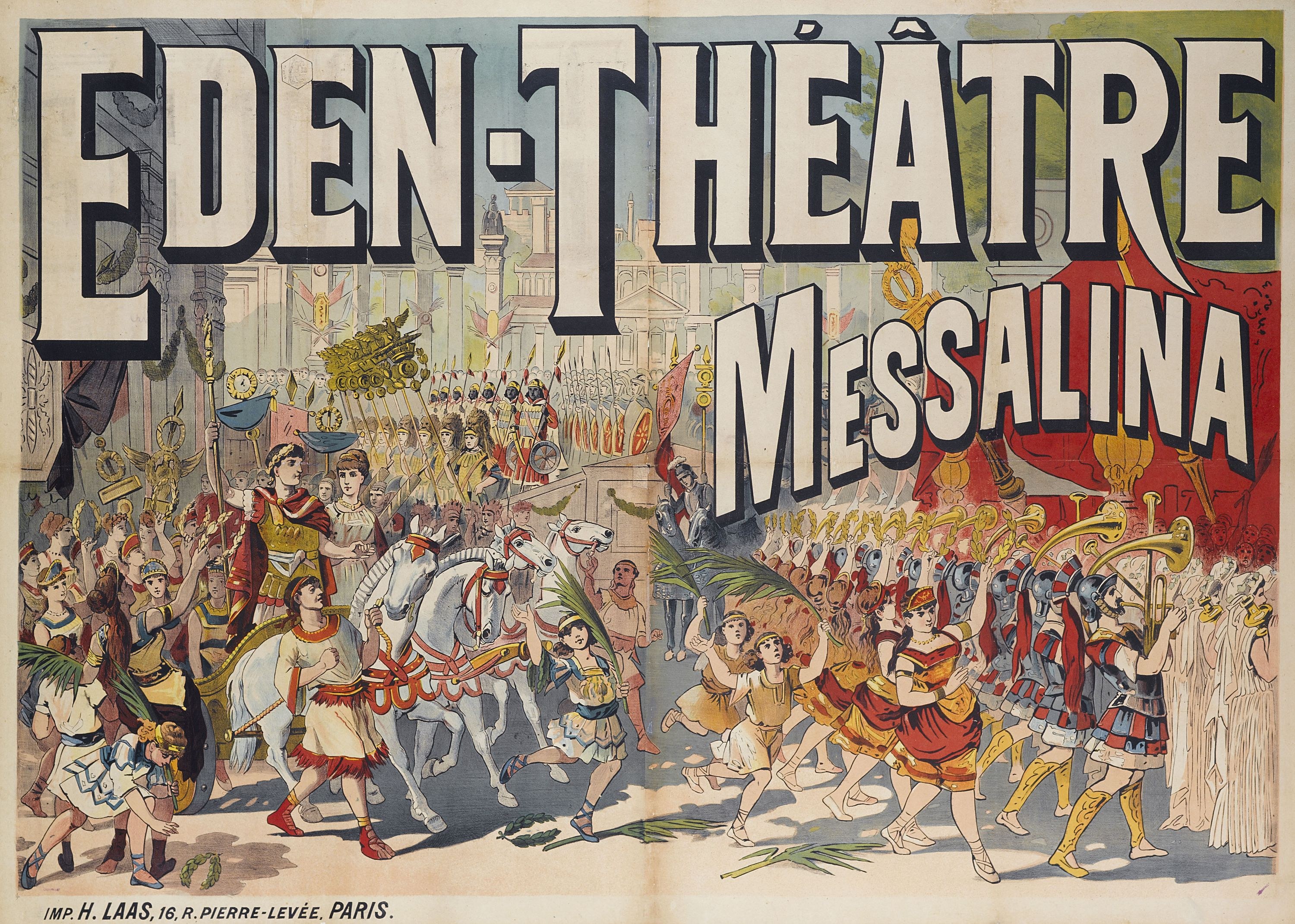 Plakat für das Eden-Theater in Messalina, Frankreich, das eine Gruppe von Menschen mit Musikinstrumenten, Pferden, Gebäuden und Text zeigt.