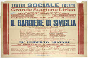 Plakatankündigung für ein Konzert im Teatro Sociale Trento in Rom, Italien, mit Text, der das Ereignis beschreibt.