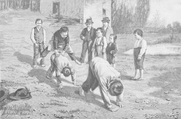 Schwarz-weisses Bild von Kindern auf einem Feld, mit zwei Jungen, die in der Mitte k├Ąmpfen, waehrend die anderen zuschauen, und einem Hut und Text links.