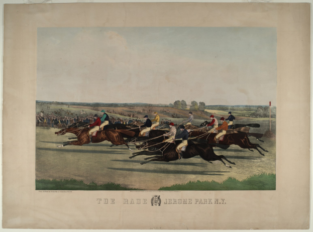 Gruppe von Menschen, die auf Pferden reitet, auf einer grünen Wiese mit Bäumen und einem blauen Himmel, Text unten lautet "Das Rennen im Jerome Park, New York"
