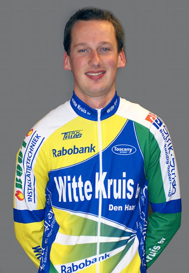 Ein männlicher Athlet, der für ein Foto posiert und ein Hemd trägt, auf dem mehrere Unternehmensnamen von Sponsoren zu sehen sind.
