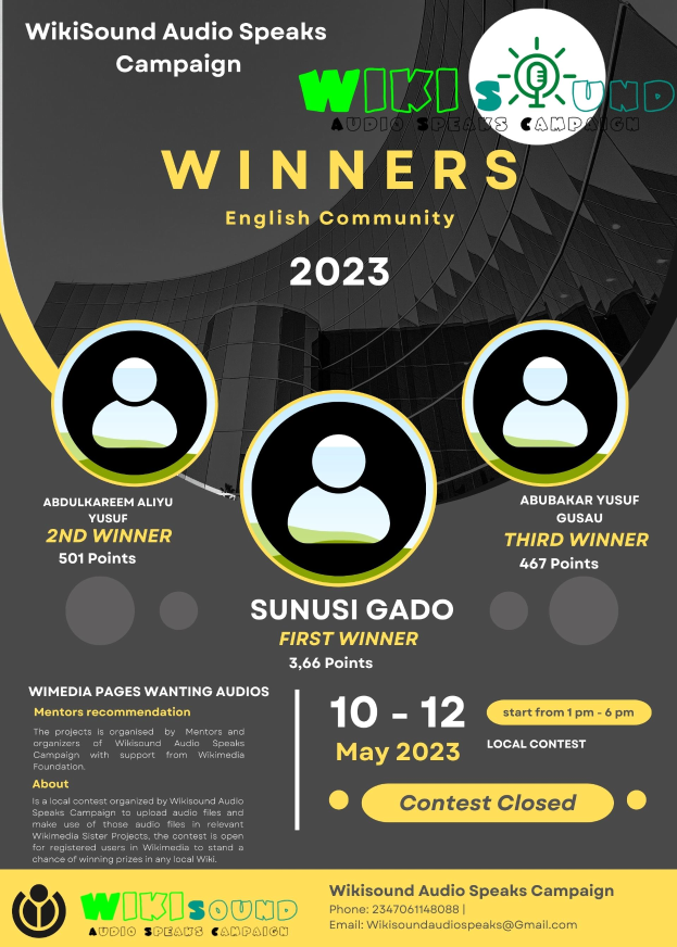 Ein buntes Plakat mit einem blauen Hintergrund und gelben und weißen Buchstaben, die in fetter Schrift "Gewinner" bilden und lachende Menschen in der Mitte zeigen.