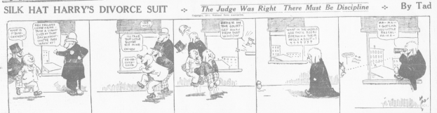 Cartoon-Illustration eines Mannes in einem schwarzen Anzug mit weißem Hemd und schwarzer Krawatte und einer Frau in einem eleganten Kleid mit einem schwarzen Schal, beide mit ernsten Gesichtern, beschriftet mit 'Scheidungskostüm.'