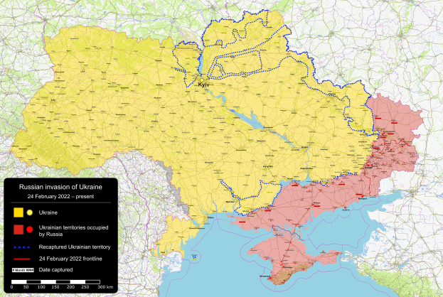 Eine Karte von Ukraine mit der russischen Invasion in verschiedenen Farben hervorgehoben, begleitet von beschreibendem Text auf der linken Seite.