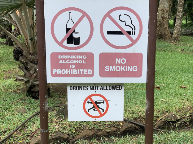 Verbotstafel für Alkoholverbot und Rauchverbot mit Bäumen und Gras im Hintergrund.