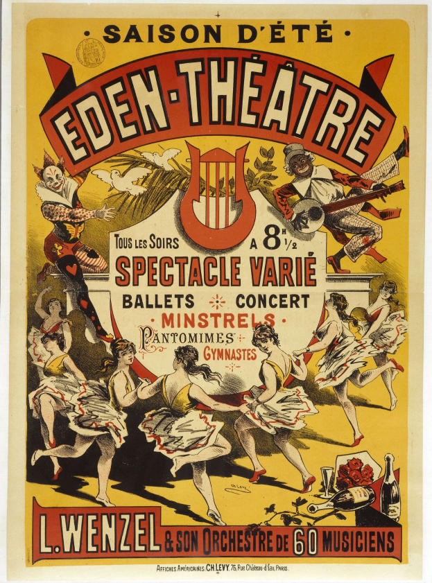 Plakat für das Eden Theatre in Paris mit einer Gruppe tanzender Menschen in einem Kreis, bunte Kostüme und auffällige Schrift darüber auf einem hellgelben Hintergrund.