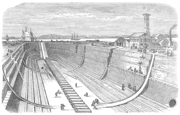 Schwarze und weiße Zeichnung eines großen Damms mit Menschen darauf, umgeben von Gebäuden, Bäumen und einem bewölkten Himmel, mit Text unten, der 'Wasserwerke in den Vereinigten Staaten' liest.