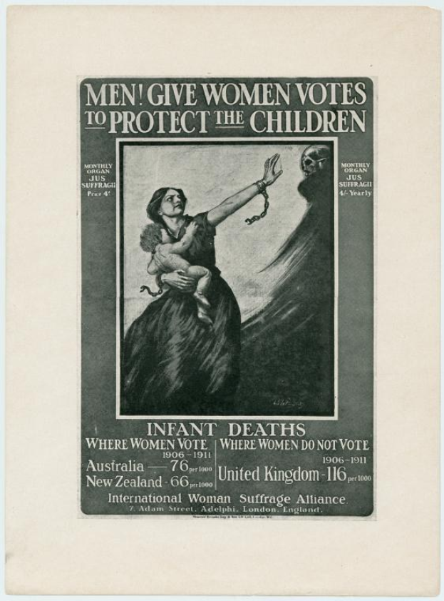 Schwarzes und weiße Plakat mit einer Frau in einem weißen Kleid, die ein Baby hält, mit dem Text "Männer geben Frauen Stimmen, um die Kinder zu schützen" oben, das die Themen Frauenrechte und Kinderschutz vermittelt.