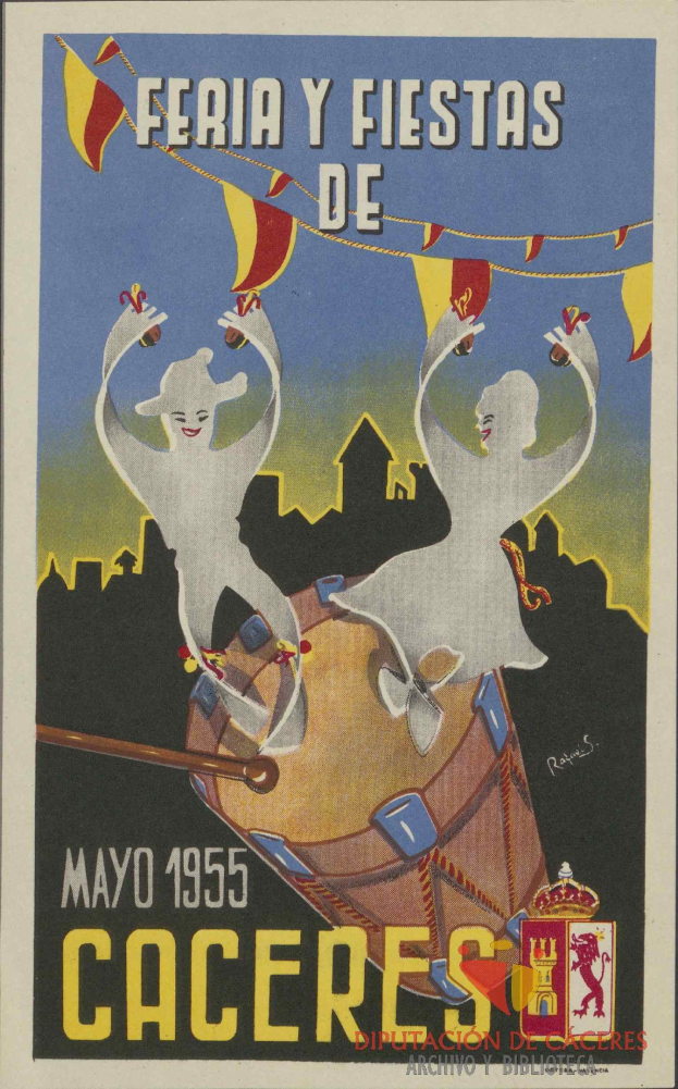 Buntes Plakat, das die "Feria y Fiestas de Caceres"-Karneval in Spanien ankündigt, mit traditionellen Kostümen, gelbem Hintergrund und schwarzer Schrift.