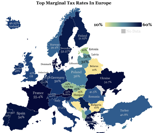Eine Karte von Europa, die die höchsten Grenzsteuersätze nach Ländern anzeigt, mit der Überschrift "Höchste Grenzsteuersätze in Europa."