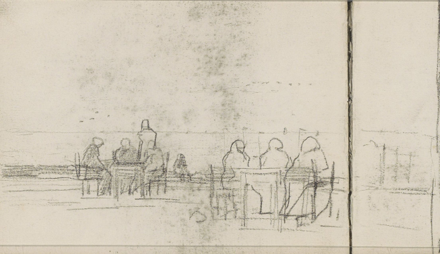 Eine Skizze von Joseph Mallord William Turner zeigt eine Gruppe von Menschen, die an einem Tisch in einem Cafe sitzen, mit gedämpften erdigen Tönen, die eine friedliche Atmosphäre schaffen.