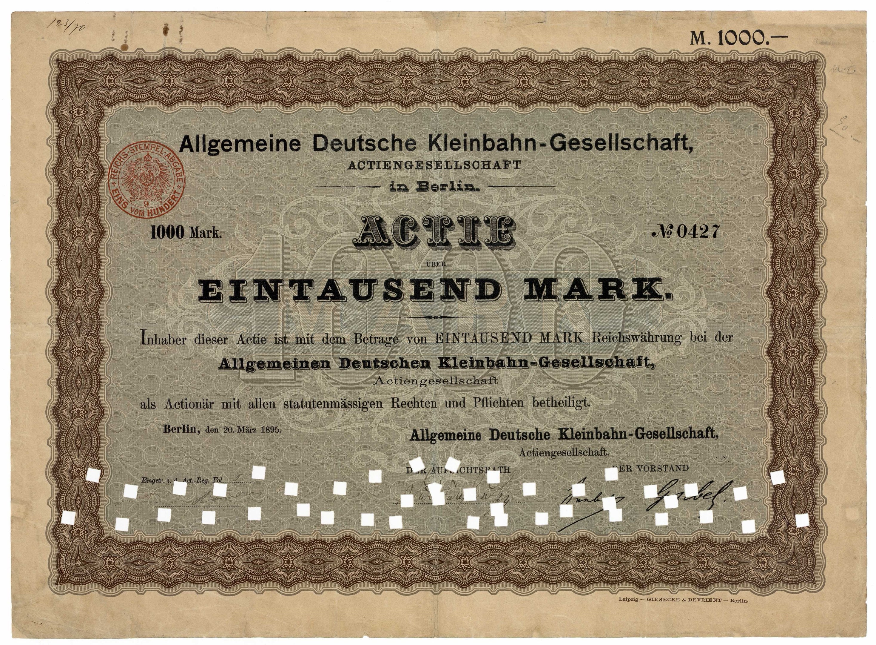 Altes deutsches Regierungsanleihezertifikat mit gedrucktem Text und einem offiziellen Stempel.