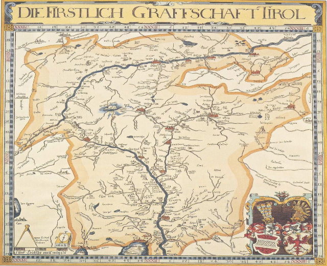 Ein detailliertes historisches Plakat der ersten Grafschaft Tirol-Karte, das geografische Merkmale wie Flüsse, Berge und Städte zeigt und von erklärendem Text begleitet wird.