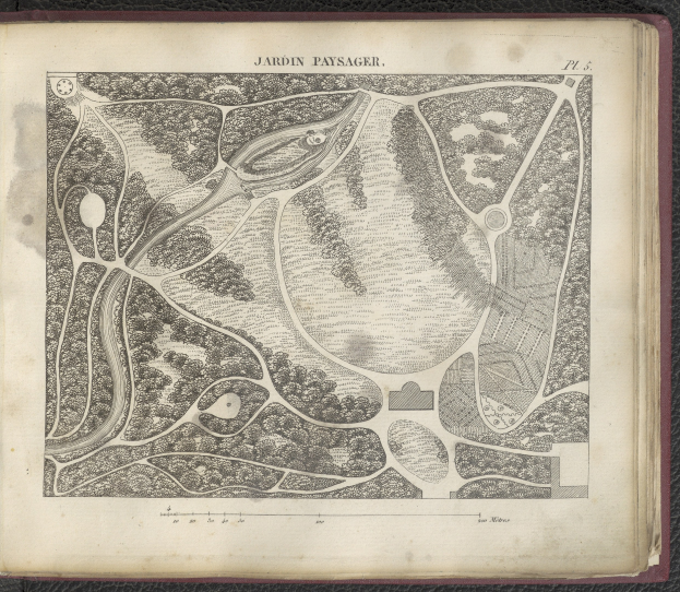 Ein altes Buch mit einer detaillierten Karte eines Parks auf dem Cover, das Bäume, Sträucher und andere Vegetation zeigt, zusammen mit Texten, die Informationen über den Park und seine Umgebung liefern.