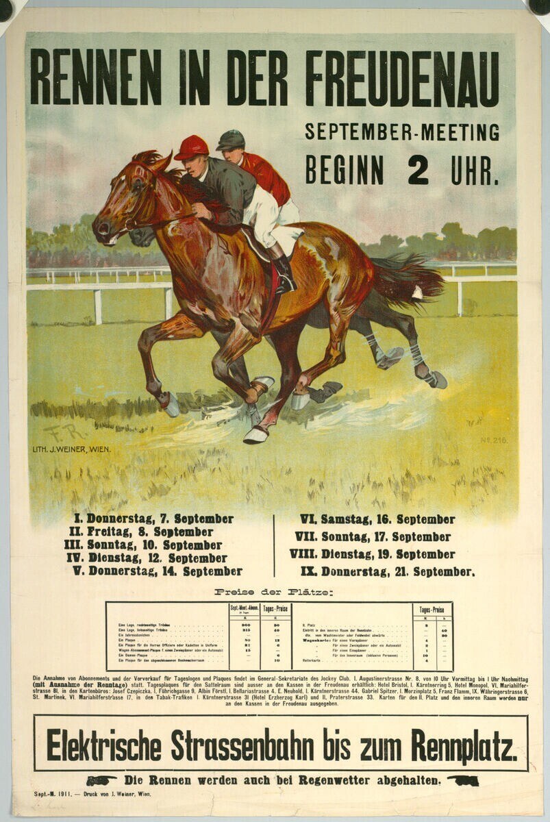 Plakat für ein Pferderennen in Deutschland, das zwei Reiter auf Pferden im Vordergrund mit Bäumen im Hintergrund und Text mit Renninformationen zeigt.