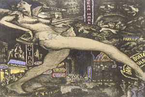 Eine Frau tanzt anmutig mit ausgestreckten Armen und Beinen vor einem Publikum, das bewundernd zu ihr aufschaut, mit fetter Schrift und anderen Objekten im Hintergrund.