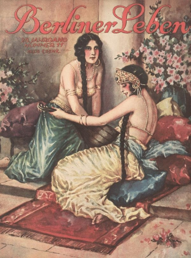 Plakat mit zwei Frauen auf einem Bett umgeben von Kissen und Pflanzen mit Blumen, mit Text oben lesend "Berliner Leben Magazin-Cover von Oktober 1931".
