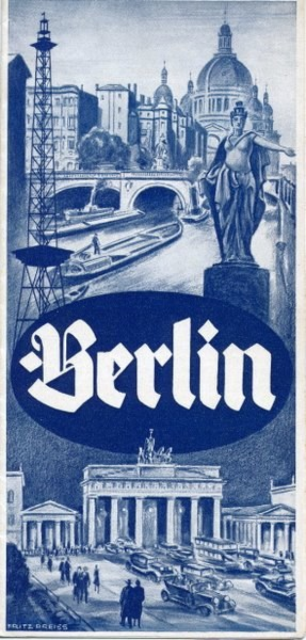 Plakat, das Berlin, Deutschland bewirbt und eine Statue, Gebäude, einen Turm, Menschen, Fahrzeuge auf der Straße und eine Brücke mit Text zeigt, der Stadtinformationen bereitstellt.