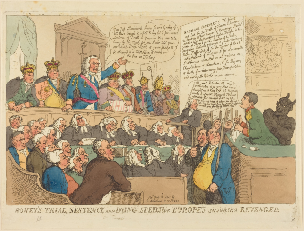 Eine Karikatur einer Gerichtsszene mit einer Gruppe von Menschen, die sitzen, und einem Mann in der Mitte, einem Tisch mit Gegenständen rechts und Text unten, der 'Boney's Trial, Sentence, and Dying Speech Europe's Injuries Revenged' lautet.