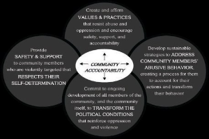 Ein Diagramm mit der Bezeichnung "community accountability", das einen zentralen Kreis mit drei sich überschneidenden Kreisen zeigt, die durch Pfeile verbunden sind, alles in fetter, leuchtender Farbe.