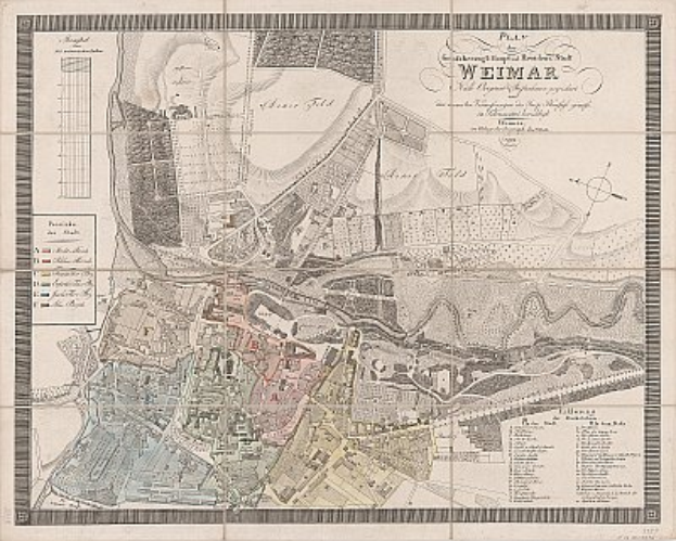 Ein detailliertes altes Stadtplan von Weimar, Deutschland, der Straßen, Gebäude, Sehenswürdigkeiten und begleitenden Text mit Informationen über die Bevölkerung und bemerkenswerte Orte zeigt.