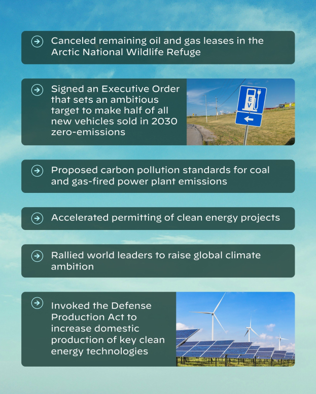 Plakat mit Text und Bildern von Solarpanelen und Windrädern vor einem bewölkten Himmel, auf dem steht "Aufgehobene verbleibende Öl- und Gasförderlizenzen im Arctic National Wildlife Refuge".
