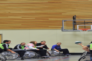Menschen im Rollstuhl spielen Basketball mit einem Korb im Hintergrund.