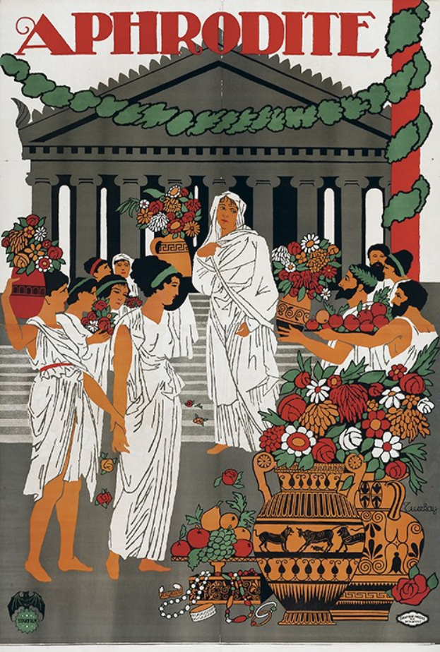 Plakat für das Aphrodite-Festival in Athen, Griechenland, das eine Gruppe von Menschen vor einem Gebäude mit einem Blumenstrauß im Vordergrund zeigt und Text, der das Ereignis beschreibt.