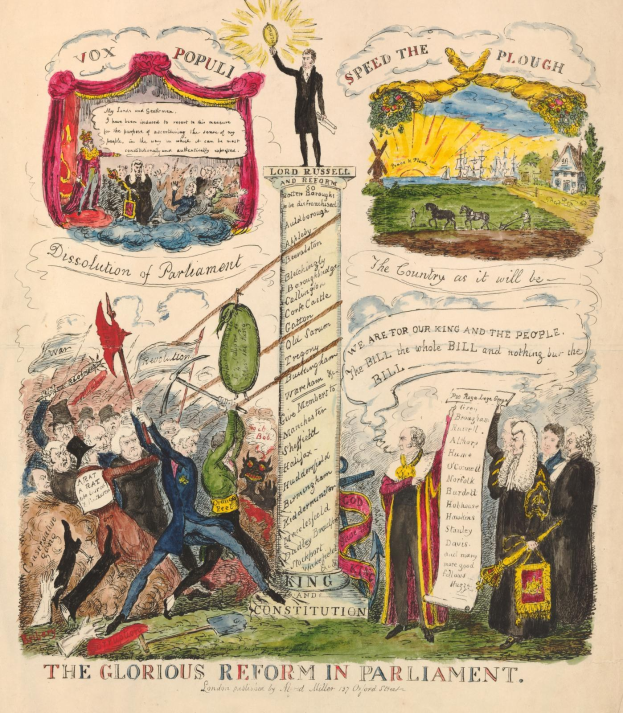 Ein bunt illustrierter Dokument titled "Die glorreiche Reform im Parlament", mit fetter Schrift und verschiedenen lächelnden Menschen, die Hoffnung und Fortschritt symbolisieren.