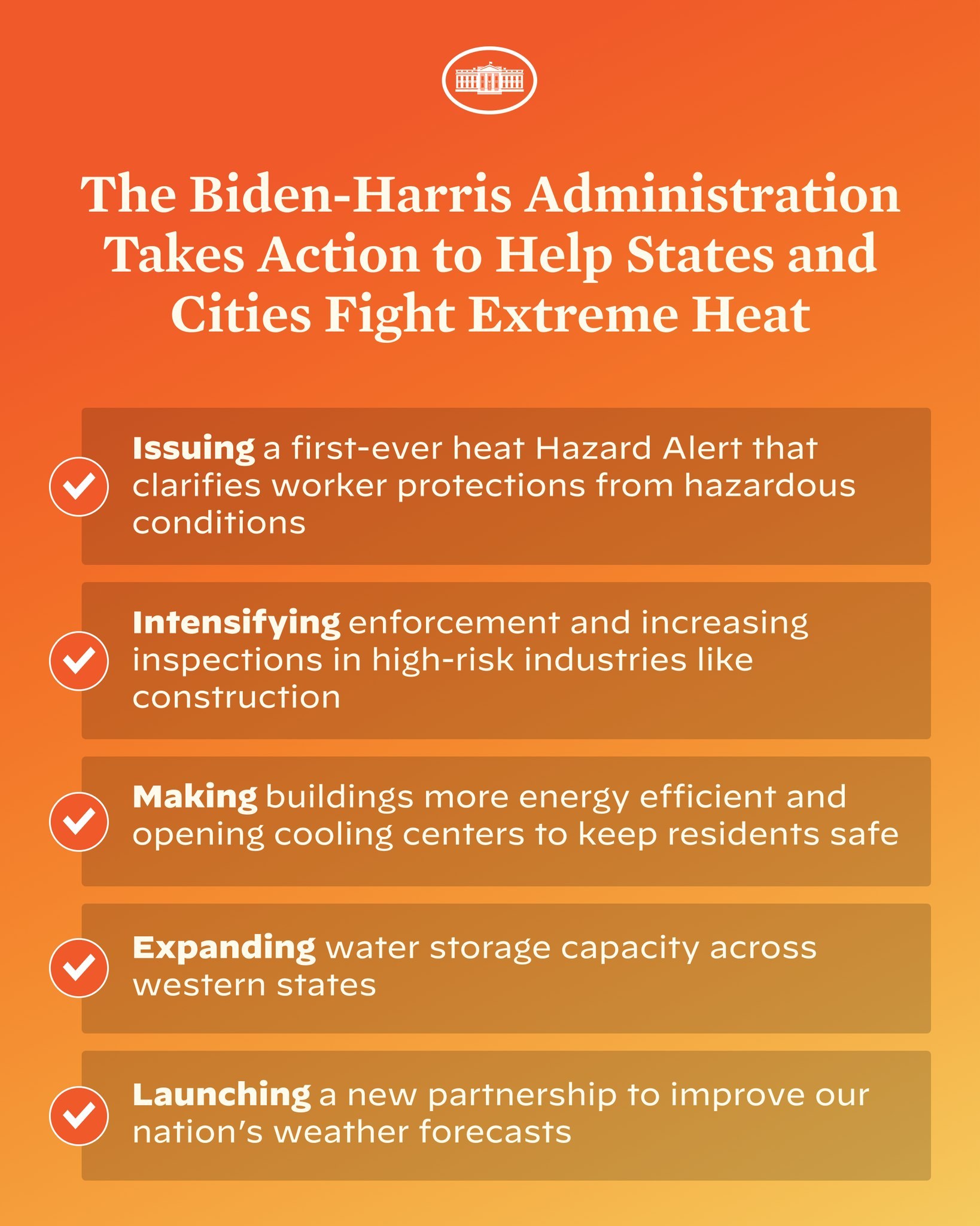 Plakat mit der Überschrift "Die Biden-Harris-Regierung setzt sich für den Kampf gegen extreme Hitze in Bundesstaaten und Städten ein" mit einem roten und weißen Schild-Design mit einem Blitz, eingerahmt von einem gelben Rand auf einem weißen Hintergrund.